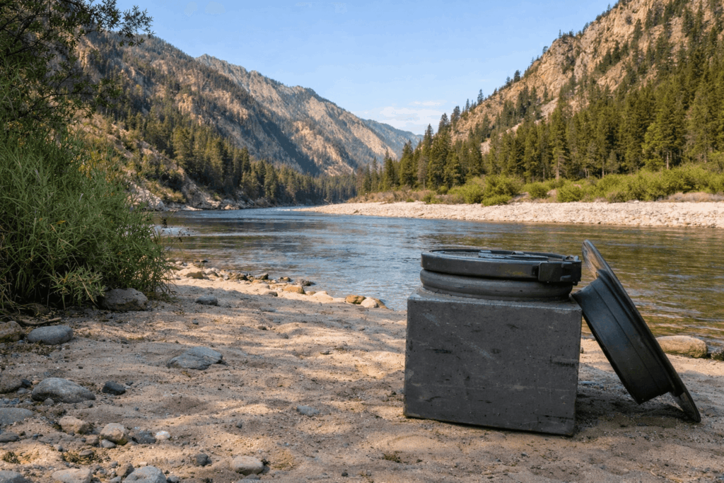 Private portable toilet setup at a Middle Fork river camp